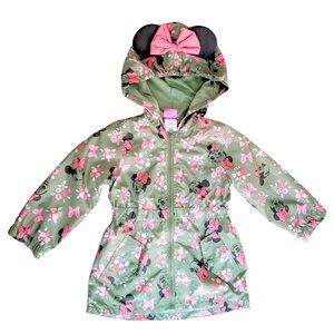 Disney Minnie Mouse Girls Hooded Floral Jacket – Green Pink Bow Coat, Size 3T